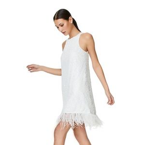 Aidan Mattox Adrianna Papell white feather dress